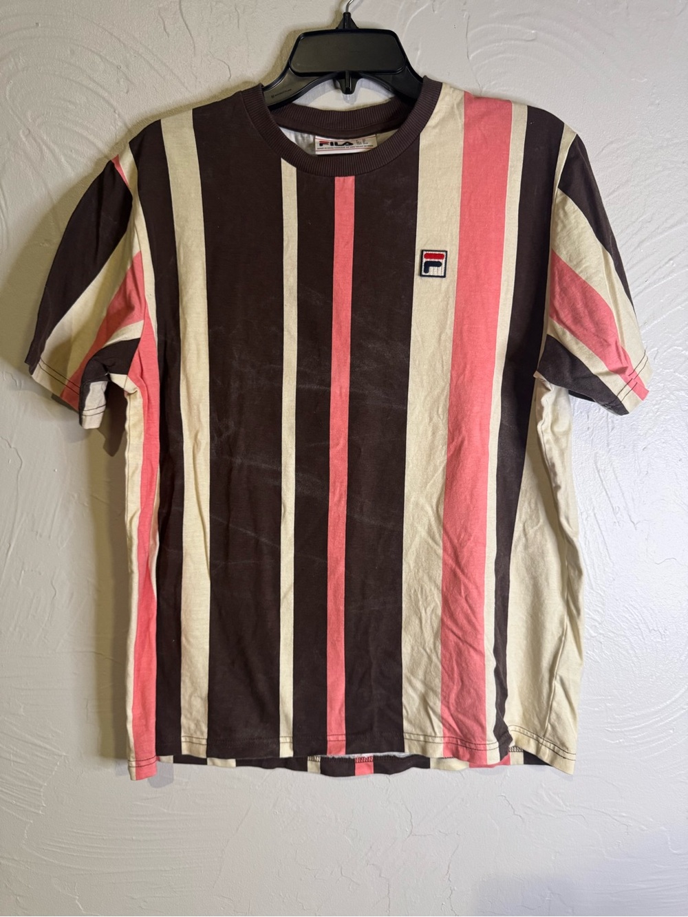 Fila Men's Brown, Pink & Cream Vertical Stripe Crewneck Tee
